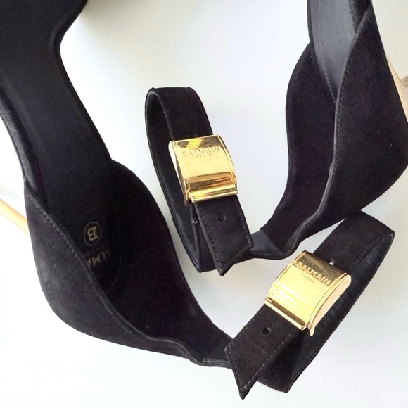 Balmain Uma Chain High Heel Sandals in Black Suede w/ Gold 38.5 - Picture 12 of 16